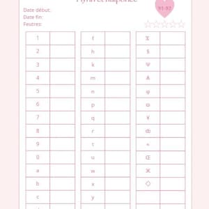 Peut inclure: Une feuille de travail rose et blanche intitulée "Princesses 2" avec les noms "Flynn et Raiponce". Elle présente des cases numérotées et lettrées pour l'écriture, un cœur rose et des étoiles. Le texte "Les coles de Sophie S" est en bas.