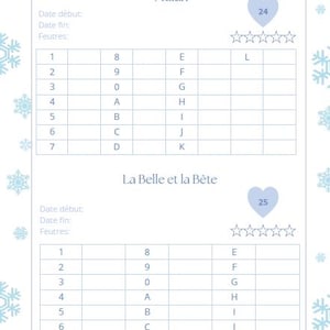 Peut inclure: Une carte bleu clair avec les mots "Hiver" et "Mulan". Deux tableaux avec des chiffres et des lettres sont en dessous. La carte est décorée de flocons de neige et contient un cœur avec le chiffre 24.