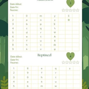 Peut inclure: Une feuille de jeu sur le thème des Pokémon, verte et blanche, avec le mot "Pokémon" en haut. La feuille comporte deux sections, "Salamèche" et "Reptincel", chacune avec une grille de lettres et de chiffres. Une icône de cœur avec un numéro est présente dans chaque section.