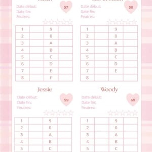 Op de afbeelding: Een roze en witte knutselprojectgids getiteld "LGC Débutants 2" met secties voor Stitch, Lilo et Stitch, Jessie en Woody. Elke sectie bevat een raster om de voortgang bij te houden en een hartvormig pictogram met een nummer.