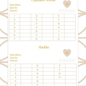 Puede incluir: Una tarjeta blanca y beige con el texto "Vitraux 2 Capitaine Amélia" y "Aladdin". La tarjeta tiene una cuadrícula de números y letras, iconos en forma de corazón y valoraciones por estrellas. Decorada con un patrón geométrico.