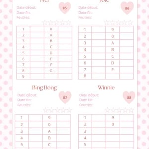Peut inclure: Un fond rose à pois blancs et roses encadre un tableau rose avec le texte "LGC Débutants". Le tableau comprend des sections pour "Mei", "Joie", "Bing Bong" et "Winnie", avec des rangées numérotées et des colonnes lettrées pour la saisie de données.