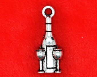 Wine Bottle with Glasses Silver Charm Pendant C1345 10 PCS