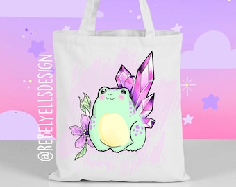 Halloween Autumn Fall Cottage Core Tote Bag - Magical Frog Toad Crystal Inktober Illustration