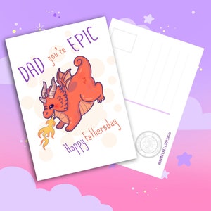 Cartão de felicitações de dragão do dia dos pais - Cartão de dragão fofo para o pai - Cartão postal fofo com criaturas épicas mágicas para o pai