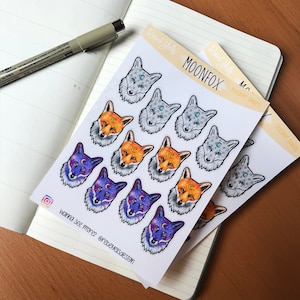 Moon Fox Sticker Sheet - Aesthetic Animal Fox Wolf Drawing - Neotraditional Animal Illustration - Journal Planner Notebook Deco