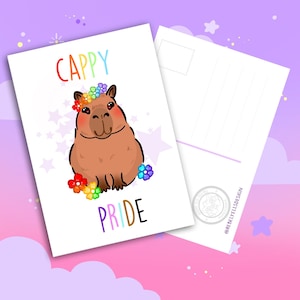 Pride Card - 10x15cm / A6 - Couronne de fleurs arc-en-ciel Capybara avec texte - Happy Pride - Carte postale LGBTQ+ - drôle d'animal kawaii mignon