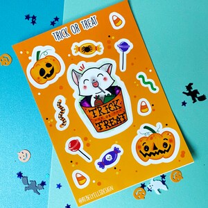 Halloween Candy Kitten - Trick or Treat Cat - Kawaii Pumpkin Kitten - Candycorn Lollipop Gummiworm Treats Stickersheet