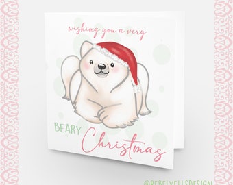 Kawaii Christmas Card - Postcard Fun Santa Bear - Cute Polar Bear Christmas Holiday Card
