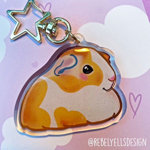 Keychain Guinea Pig - Cute Kawaii Acrylic Pendant - Cute Illustration Guinea Pig Rodent - Gold Star Pet Keychain