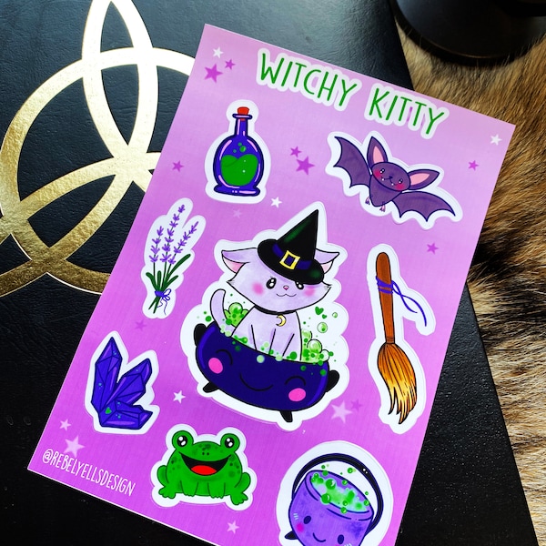 Witchy Kitty Sticker Sheet - Witch Kitten Halloween Stickers - Cute Kawaii Magic Cauldron Bat Toad Broom Crystal