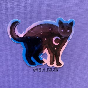 Zilver Holo Zwarte Kat Nacht Sticker - Tattoo Design Sterrenhemel Hekserij Heks Sticker - Neo-traditional Illustratie Halloween Scary