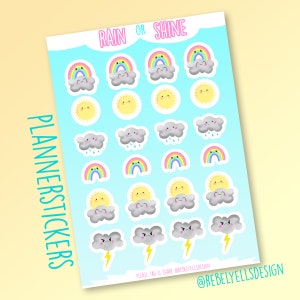 Kawaii Weer Stickers - Regenboog Zon Onweer Wolk Regen figuren - schattige planner stickers - A5 10x15cm stickersheet