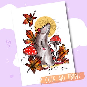 Lieve Rat Art Print - Herfst Bladeren Ratjes Illustratie -  Schattig Ratje Paddestoel Tekening - Rattenvrouwtje Knaagdier Huisdier Muis