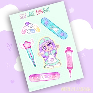 Stickersheet Self Care Bunny - Konijnen zuster zelf zorg - Pleister Spuitje Pillen Chibi - Stickervel vinyl mat A6