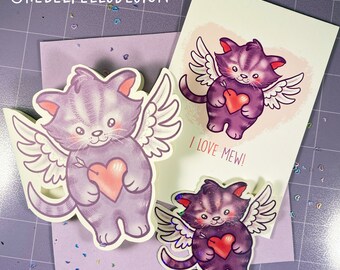 Kawaii Valentine Kitten Card Pack - Postcard Cute Cat Free Sticker - For your