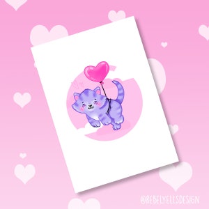 Carte Saint Valentin - Ballon Chaton - Chat Valentine Flottant - Amoureux Amoureux - Sweet Kitten Kawaii Kitten Yellie Heart Pink