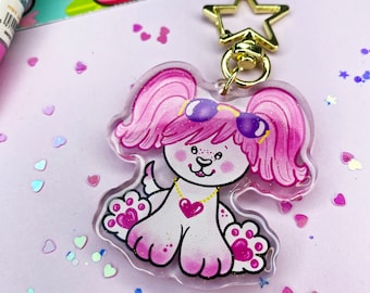 Kawaii Poochie Schlüsselanhänger – 80er Jahre Spielzeug-Nostalgie – Süßer Acryl-Epoxid-Kuppel-Glitzer-Anhänger – 6 cm Stern-Schlüsselring
