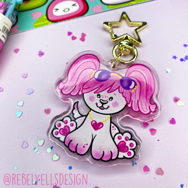 Kawaii Poochie Keychain - 80's Toy Nostalgia - Cute Acrylic Epoxy Dome Glitter Pendant - 6cm Star Key Ring