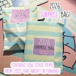 Könnte beinhalten: Zwei gestreifte Papiertüten mit Aufklebern mit der Aufschrift "2026 Surprise Bag!" und "Enthält Restposten aus dem Jahr 2025, die nicht zurückkehren!" Ein Aufkleber zeigt eine Cartoonfigur. Die Tüten sind blau, weiß und gelb.