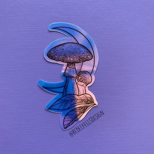 Pegatina de luna de hongo holográfica plateada - Pegatina holográfica de bruja, brujería, mago, magia, naturaleza - Diseño de tatuaje, ilustración de bosque