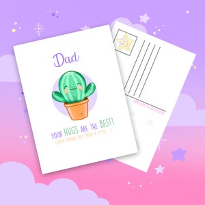 Cartão Kawaii para o Dia dos Pais - Cartão de Saudações Fofo para o Pai - Cacto Abraçando o Papai - Cartão Postal com Ilustração Engraçada para o Pai