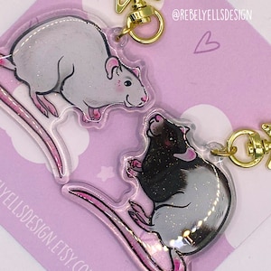 Cut Rat Fanart Keychain - Kawaii Cute Rodent Hanger - Mouse Acrylic Resin Dome Glitter Star Keyring - Ratlady Ratmama Gift