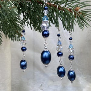 Miniature Christmas ornament set, Blue pearl ornament, Glass crystal ornament, Handmade hook, Crystal Suncatcher, Blue silver Xmas ornament