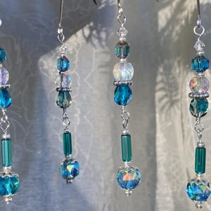 Miniature Christmas ornament set, Turquoise and clear crystal ornament, Aqua silver ornament, Glass ornament, Handmade hook, Suncatcher
