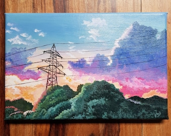 ACRYLIC PAINTING | Original | Cotton Canvas | Treeline | Sunset | Clouds | Landscape |