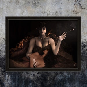 May include: A painting depicting a woman wearing a black hat and dress, holding a cigarette, with another woman lying on her lap.