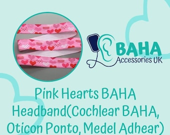 BAHA Accessories UK - Pink Hearts Headband (Cochlear BAHA, Oticon Ponto & Medel Adhear)