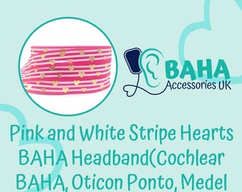 BAHA Accessories UK - Pink and white stripe hearts headband (Cochlear BAHA, Oticon Ponto & Medel Adhear)