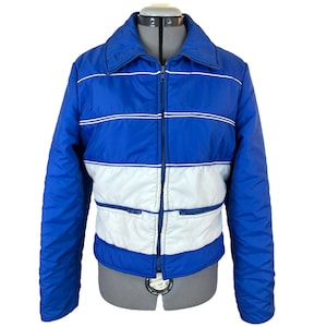Vintage 1970s Ski Jacket Blue White Striped Coat Puffer Snowboarding top retro Cropped 70s insulated Sweater Cuffs S Small 4 6 winter Sports