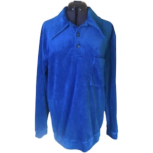 Vintage 1970s Velvet Velour Blue Long Sleeved casual shirt sweater top 70s vtg mod retro sweatshirt relaxed 8 10 medium m Terry L Large