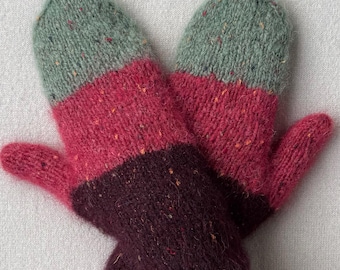 Mitones de alpaca y tweed a rayas burdeos, baya y menta: guantes suaves y coloridos para mujer