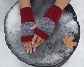 Red Fingerless Mittens - Red Arm Warmers Women - Gray Fingerless Gloves - Wool Fingerless Mitts
