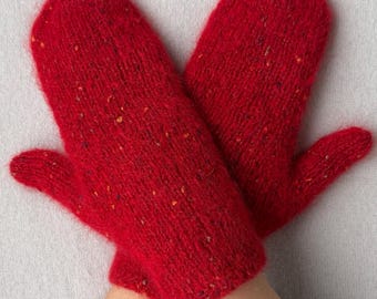Red Tweed Alpaca Mittens - Women's Winter Gloves Hand Knit