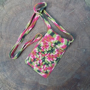 Sac pour téléphone portable en crochet - Sac bandoulière en crochet pour téléphone portable - Sac bandoulière végétalien pour femme - Sac bandoulière hippie - Pochette pour téléphone portable