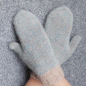 Blue Beige Mohair Mittens Women - Alpaca Mittens Knit Striped Mittens - Soft Mittens Hand Knit Fluffy Mittens