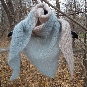 Handmade Blue & Gray Mohair Triangle Scarf: Soft Knit Shawl