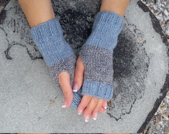 Blue Fingerless Mittens - Wool Fingerless Mitts Blue Arm Warmers Women - Gray Fingerless Gloves