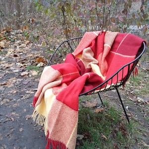 Red Wool Throw Blanket Plaid 51&quot; x 73&quot;/130 cm x 185 cm - Checkered Blanket with Fringes - Red Checkered Wool Plaid