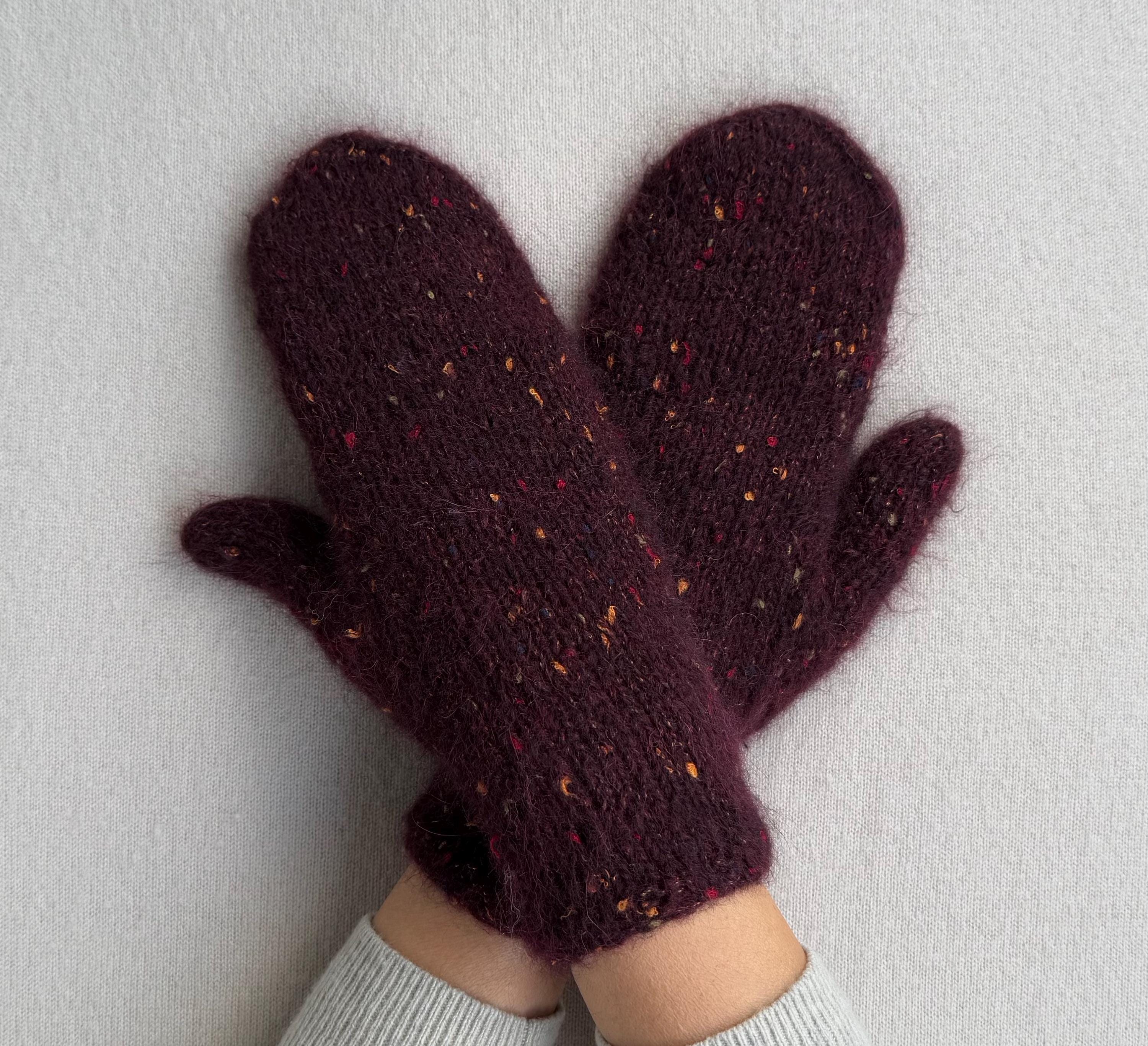 Dark Bordeaux Tweed Alpaca Mittens - Burgundy Women's Winter Gloves Hand Knit