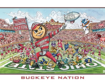 Könnte beinhalten: Eine Cartoon-Illustration von Brutus Buckeye, dem Maskottchen der Ohio State University, das auf einem Fußballfeld mit anderen Maskottchen steht. Der Hintergrund zeigt ein Stadion voller Fans. Der Text "Buckeye Nation" steht am unteren Rand des Bildes.