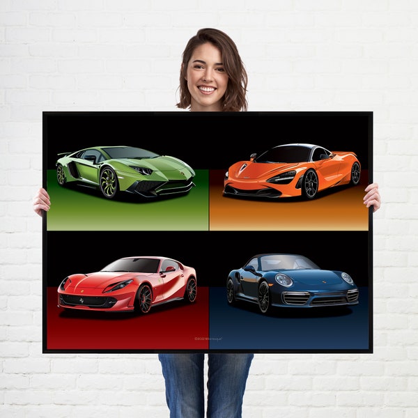 Supercar Poster of 4 Sports Cars - Lamborghini - Ferrari - McLaren - Porsche Wall Art Poster Illustration