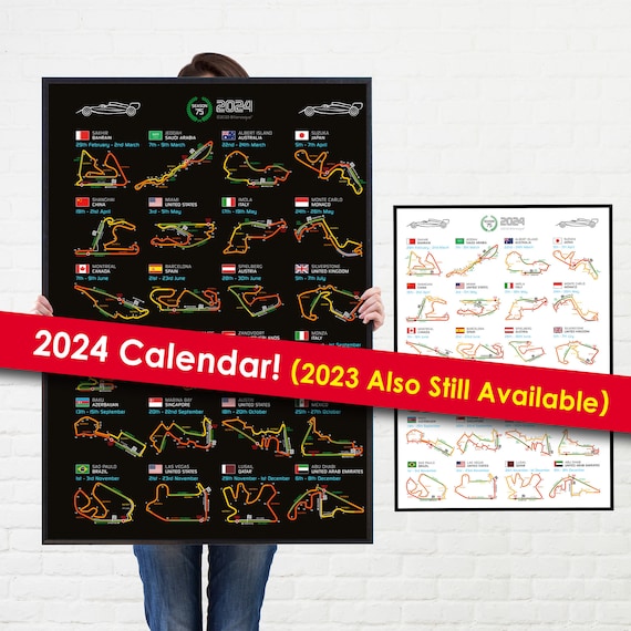 Poster for Sale avec l'œuvre « Calendrier des voitures de course de Formule  2024 circuits nommés » de l'artiste ideasfinder