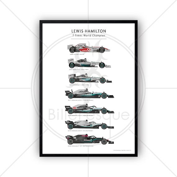Lewis Hamilton's 7 World Championship Cars Till 2020 F1 Grand Prix Wall Art  Poster Illustration 