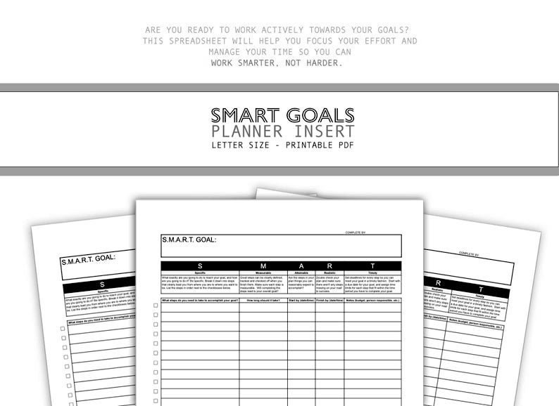 SMART GOALS Planner Insert productivity trackers and checklists, organize, analyze, accomplish your dreams for desk, classroom school image 1