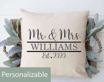 Personalized mr & mrs faux linen pillow | wedding gift